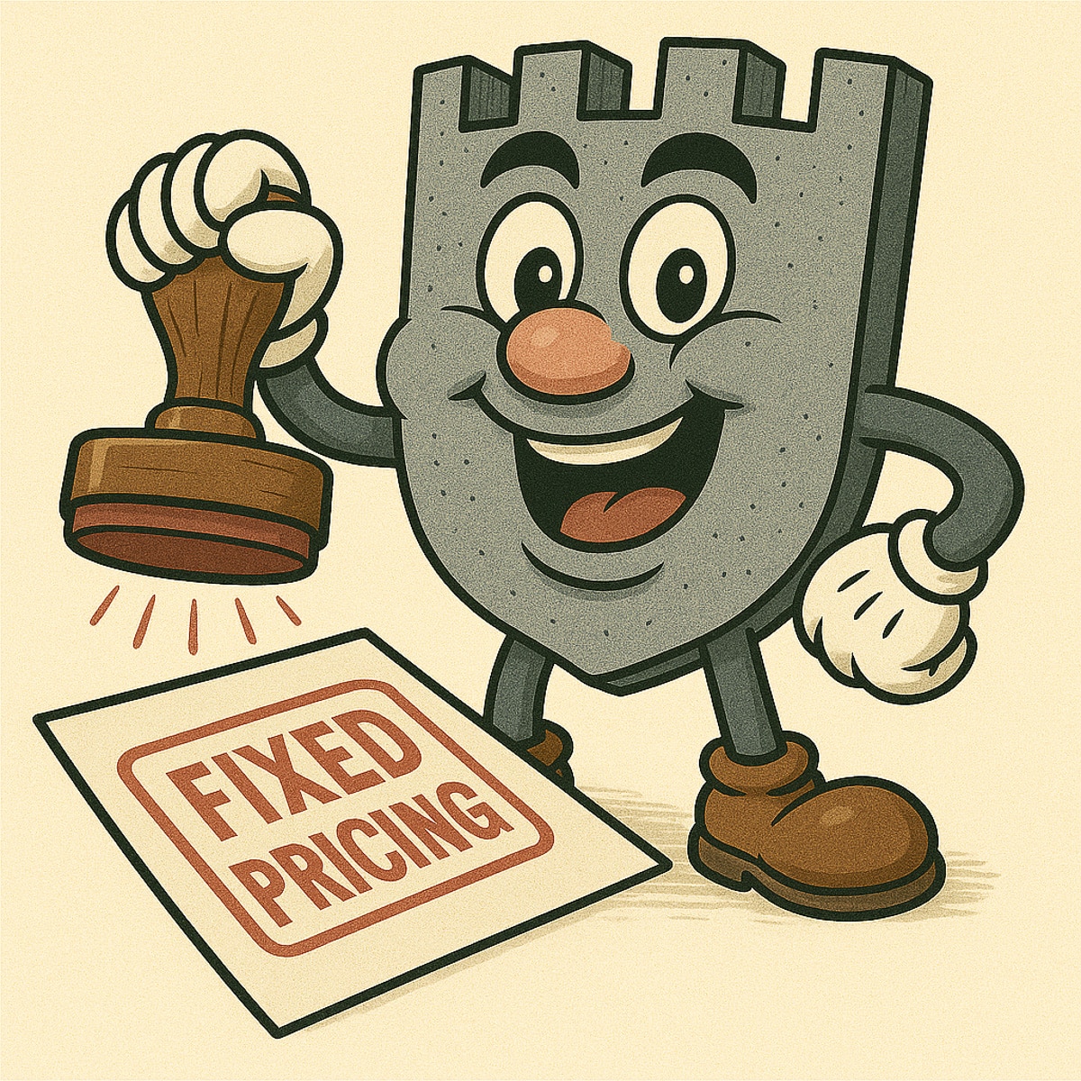 Rampart Garage Doors Oceanside cartoon mascot stamping a document labeled Fixed Pricing to show commitment to honest garage door repair in Oceanside, CA